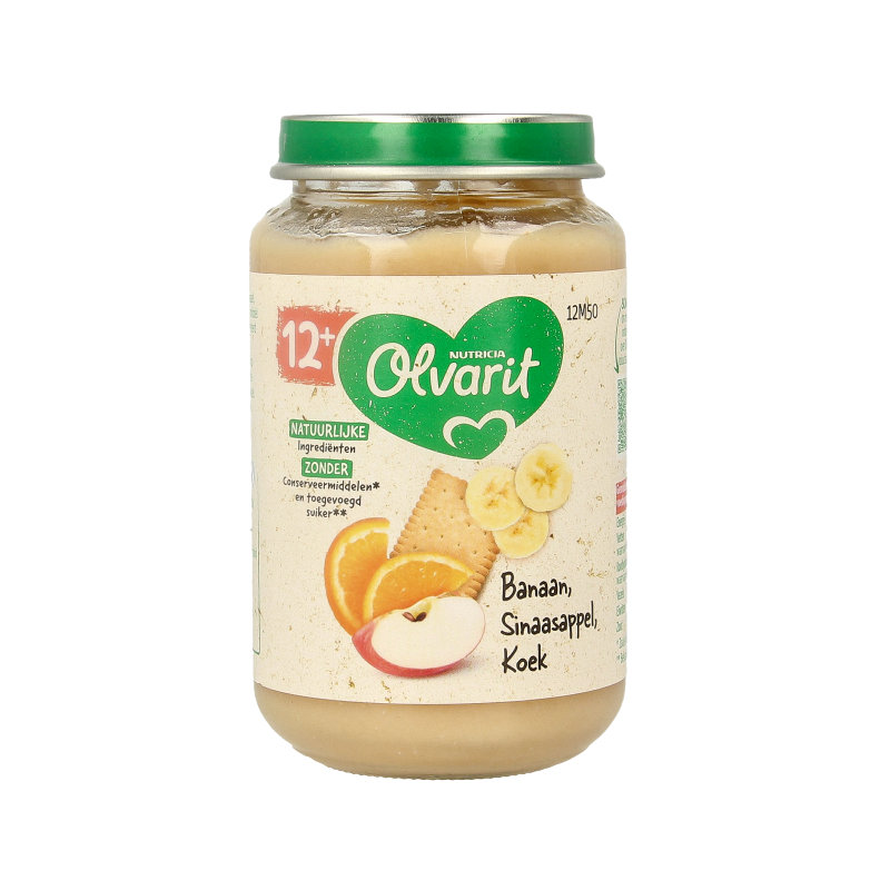 Olvarit baby banana and orange cookies in 200g package, suitable for 12 months and older, with images of cookies on the packaging.