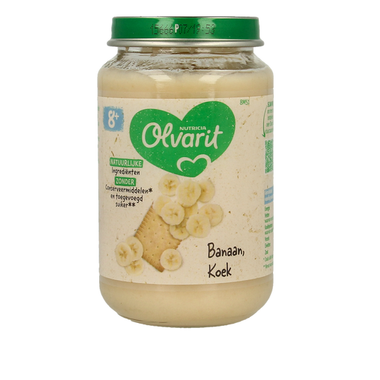 Olvarit banana cookie for babies and toddlers, 200g, showing a package of the baby and toddler food product.
