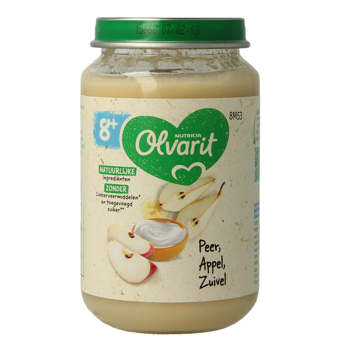 Olvarit Peer appel zuivel baby voeding in 200g jar, featuring pear, apple, and dairy ingredients for infants.