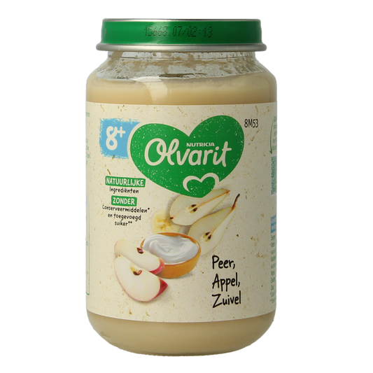 Olvarit Peer appel zuivel baby voeding in 200g jar, featuring pear, apple, and dairy ingredients for infants.