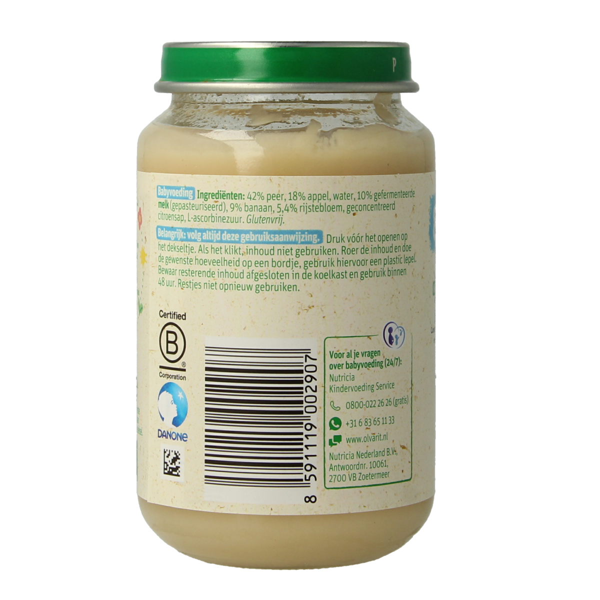 Olvarit peer appel zuivel baby food jar with a label, designed for infants and toddlers, 200g weight.