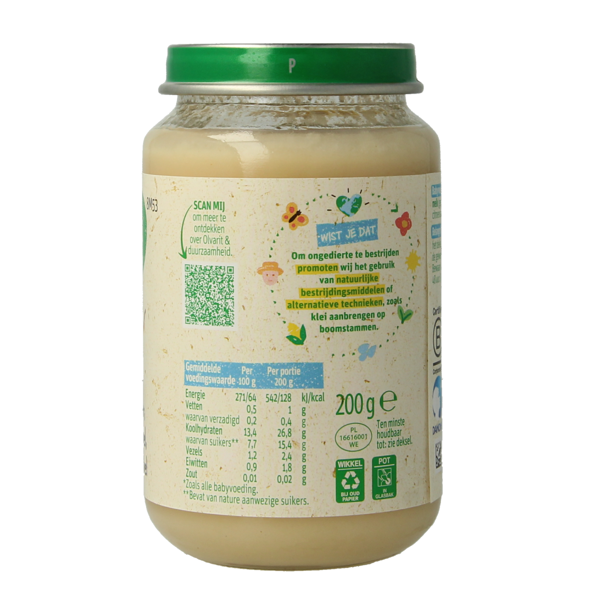 Olvarit baby peer appel zuivel voeding in 200g container, suitable for infants 8 months and older, with peach and apple flavor.