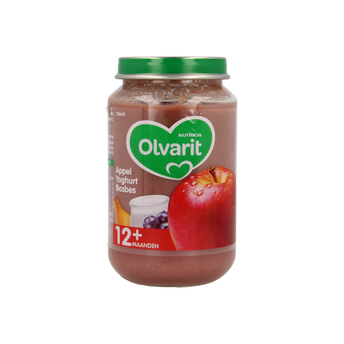 Olvarit apple and blueberry yogurt for babies and toddlers, 200g, showing a jar with apple slices and blueberries inside.