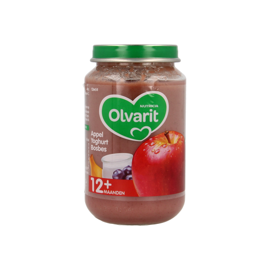 Olvarit apple and blueberry yogurt for babies and toddlers, 200g, showing a jar with apple slices and blueberries inside.