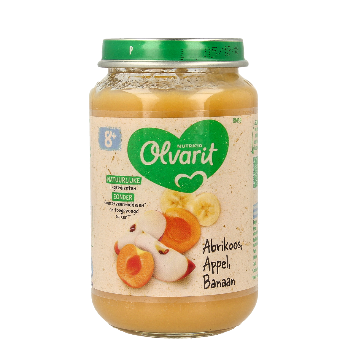 Olvarit baby food jar with apricot, apple, and banana flavor, 200g, featuring fresh fruit puree in a clear jar with a label.