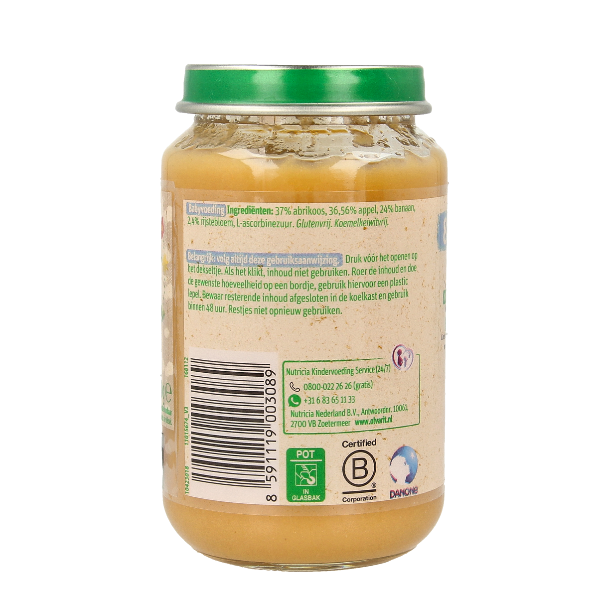 Olvarit baby food jar with apricot, apple, and banana flavor, 200g, suitable for babies and toddlers.