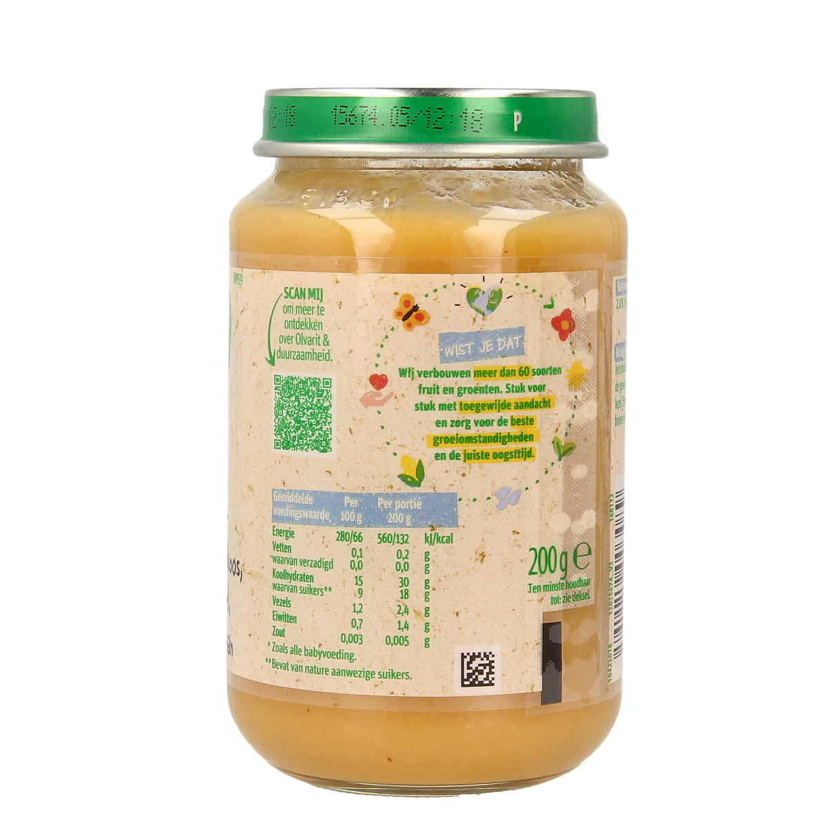 Olvarit baby food jar with apricot, apple, and banana puree for 8 months and older, 200 grams.