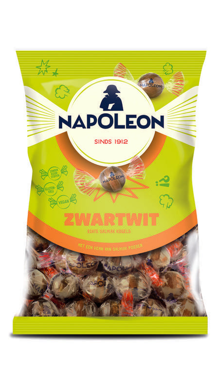 Napoleon Zwart/wit kogels snoepgoed in 150g package, black and white candy balls from Napoleon brand.