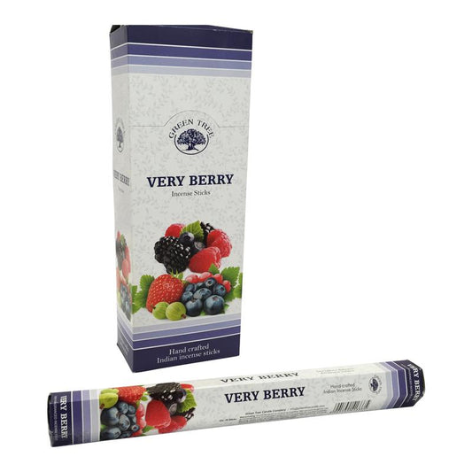 Green Tree Verry Berry incense sticks, 20-pack, with vibrant green packaging and aroma, shown in a close-up image.