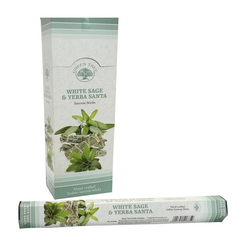 Green Tree Wierook yerga sante and white sage incense sticks, 20 pieces, with natural herbal aroma and packaging.