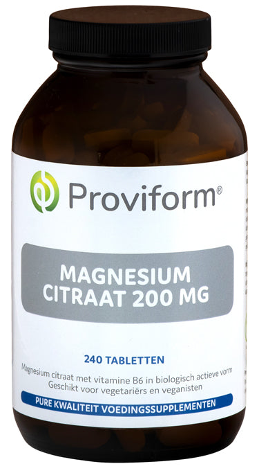 Proviform Magnesium Citraat 200 mg and B6 mineral supplement tablets, showing a bottle of dietary supplements.