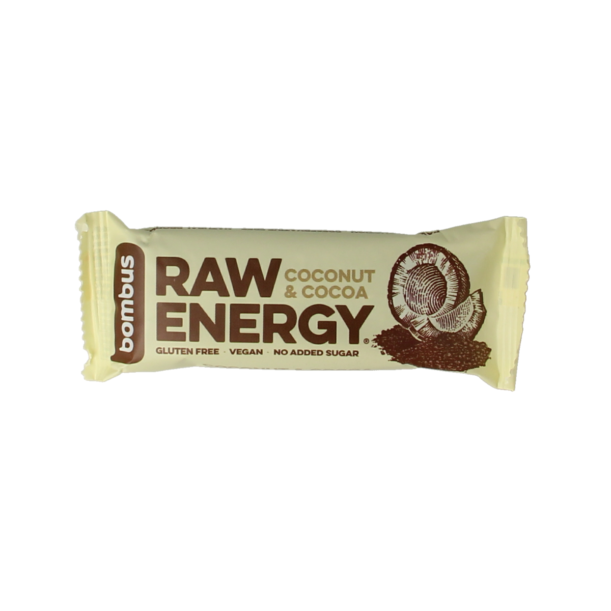 Bombus Raw energy bar coconut and cocoa, 50g, showing the snack with chunks of coconut and cocoa in a clear wrapper.