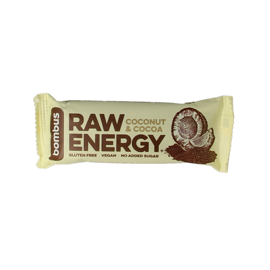 Bombus Raw energy bar coconut and cocoa, 50g, showing the snack with chunks of coconut and cocoa in a clear wrapper.