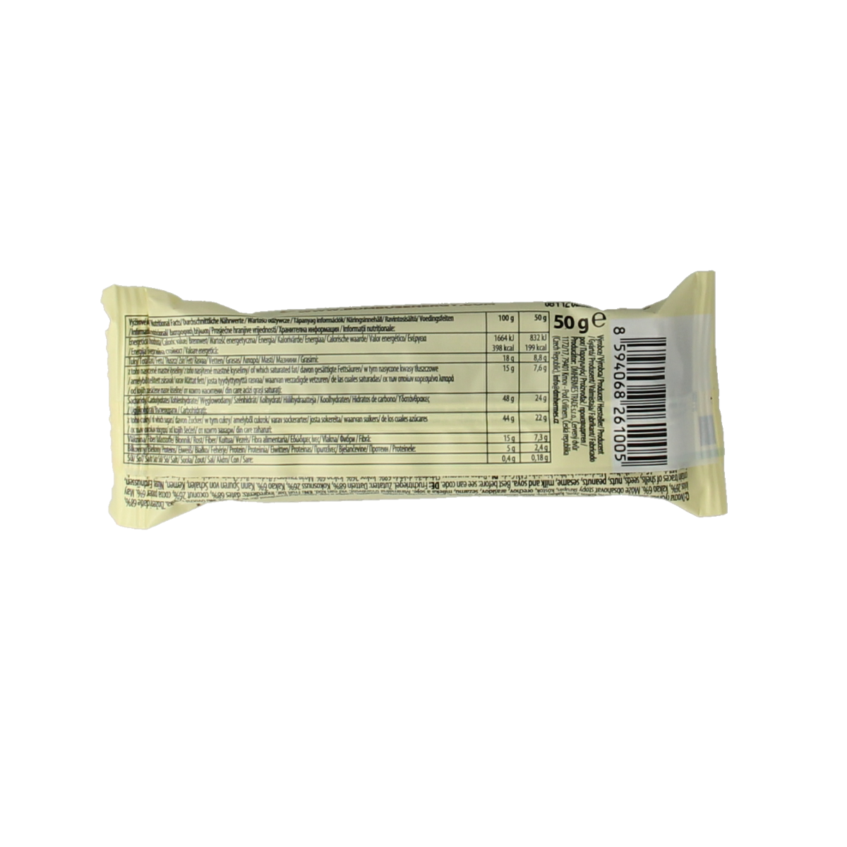 Bombus Raw energy bar with coconut and cocoa, 50g, showing the snack's texture and ingredients in a close-up shot.
