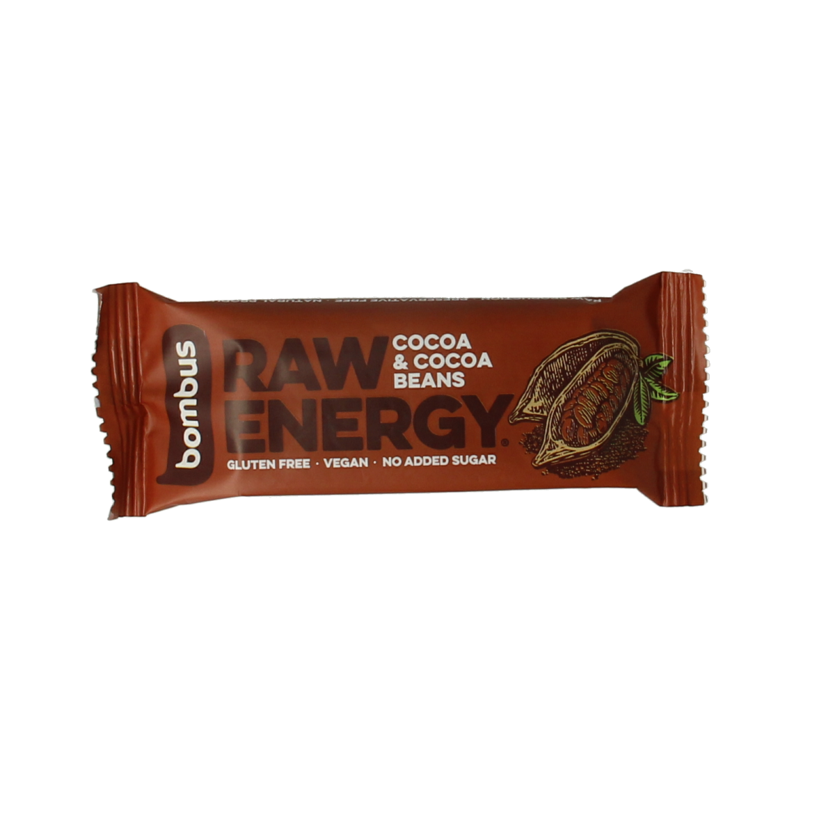 Bombus Raw energy bar with cocoa and cocoa beans, 50g, a nutritious snack featuring rich chocolate flavor and natural ingredients.