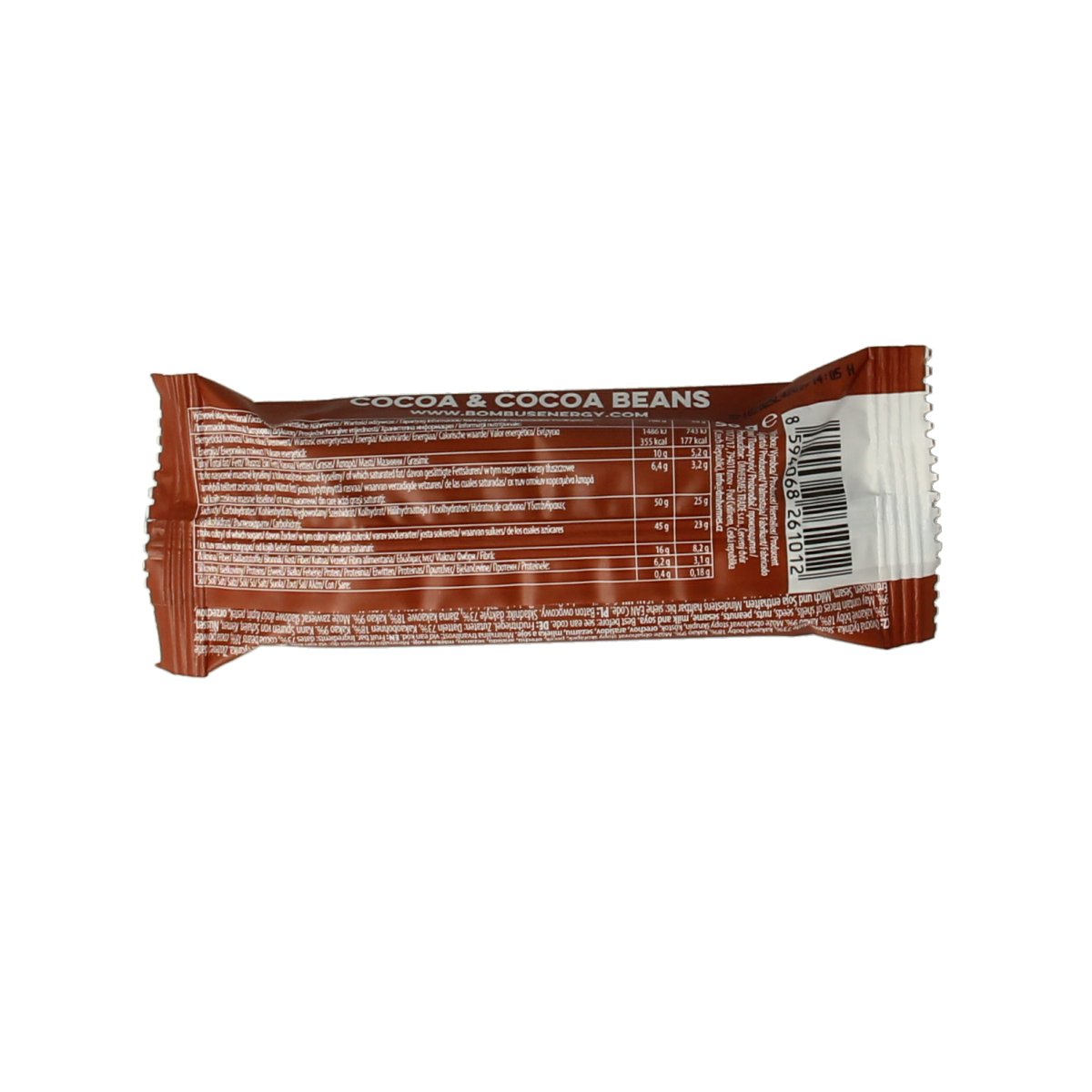 Bombus Raw energy bar with cocoa and cocoa beans, 50g, showing the textured chocolate snack in a close-up view.