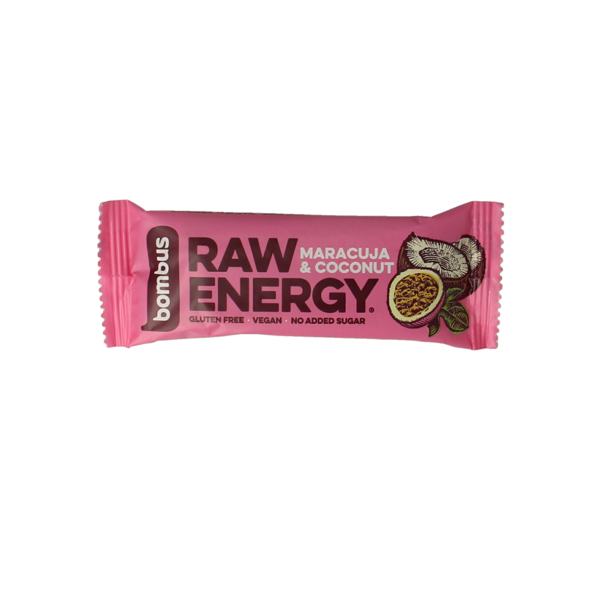Bombus Raw energy bar with maracuja and coconut, 50g, showing fresh ingredients and packaging for healthy snacks.