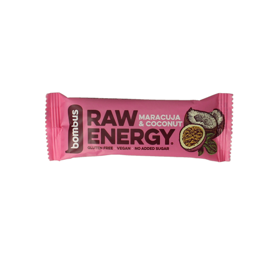 Bombus Raw energy bar with maracuja and coconut, 50g, showing fresh ingredients and packaging for healthy snacks.