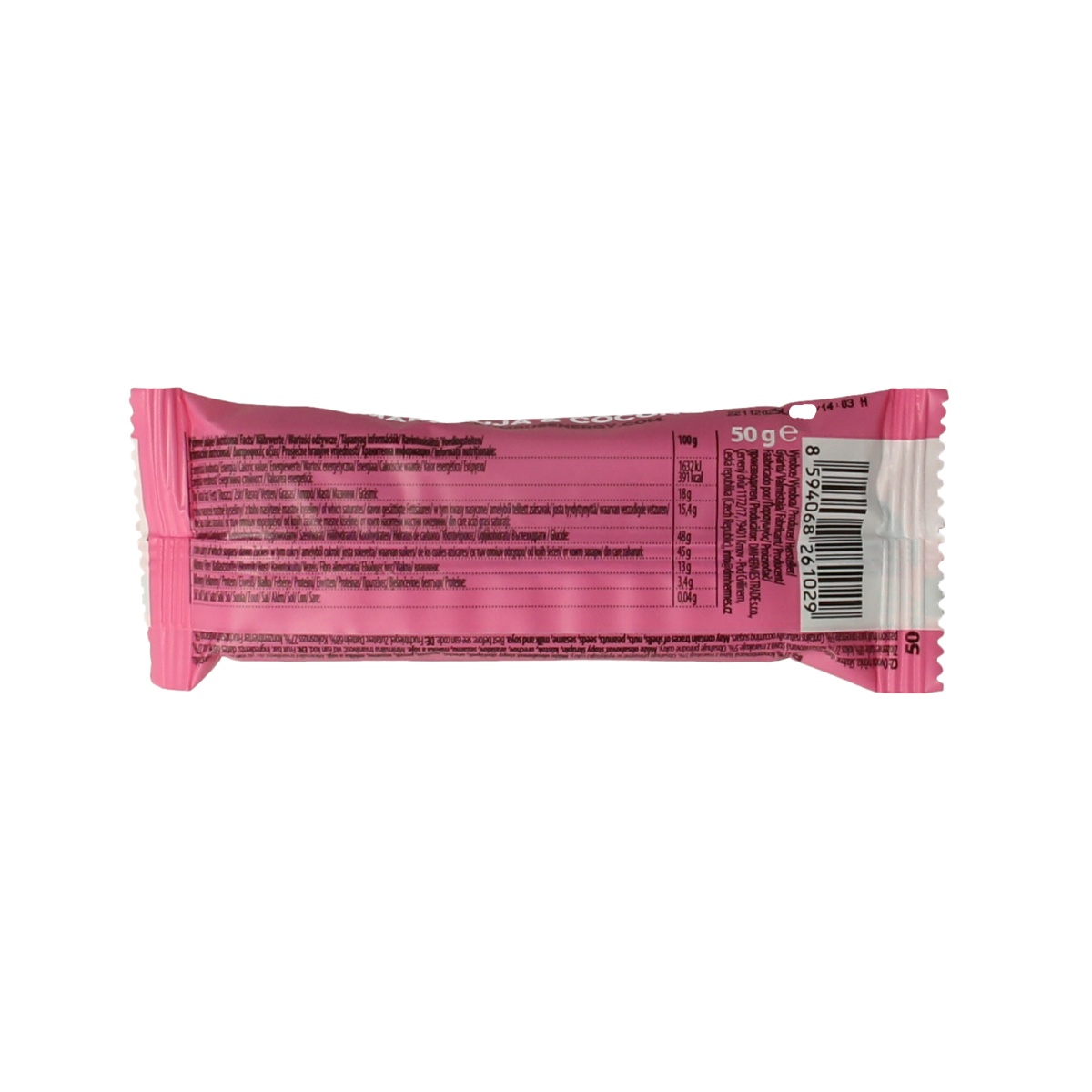 Bombus Raw energy bar with maracuja and coconut, 50g, showing the snack's textured surface and fresh fruit ingredients.