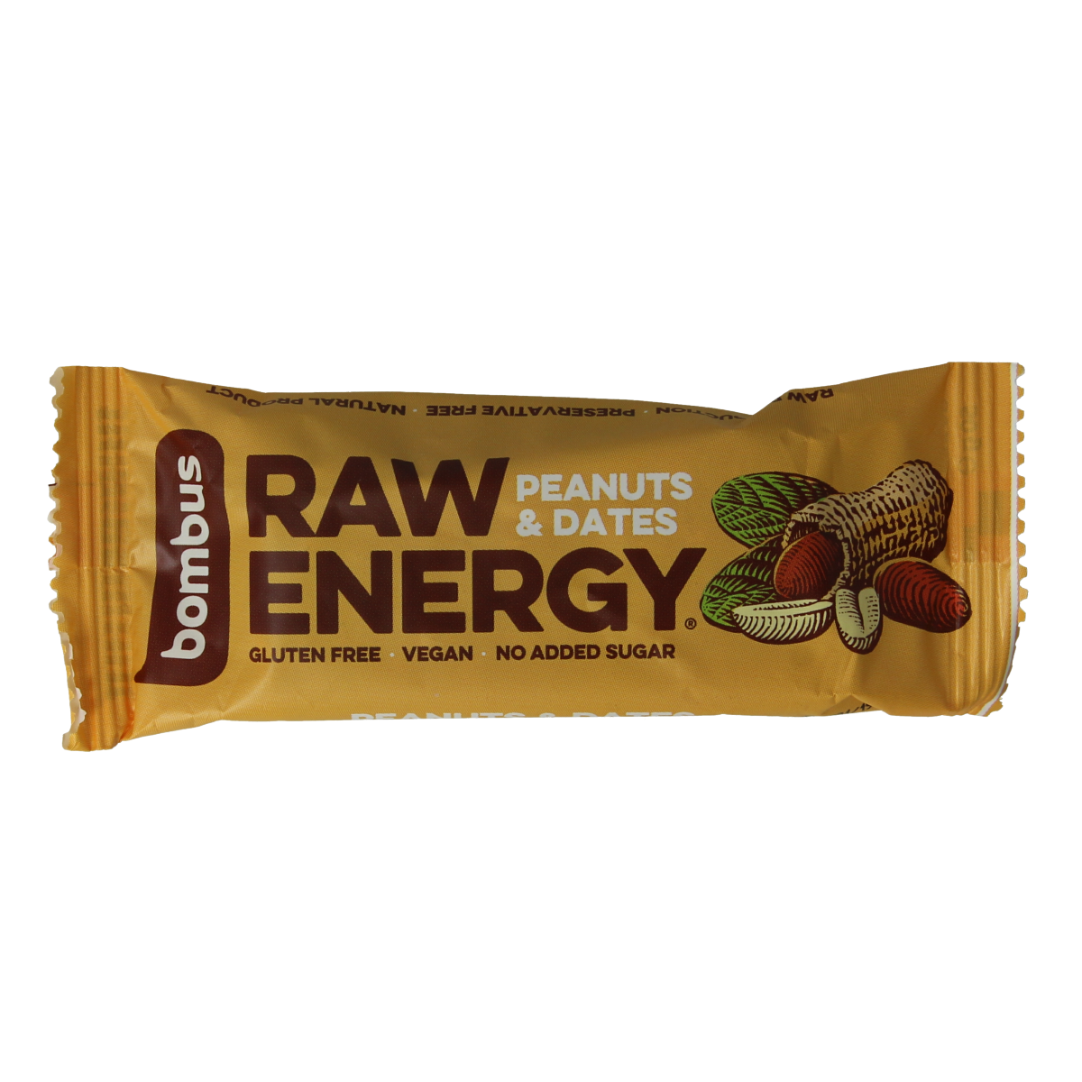 Bombus Raw Energy Bar with peanut and dates, 50g, showcasing the nutty and fruity ingredients in a natural energy snack.