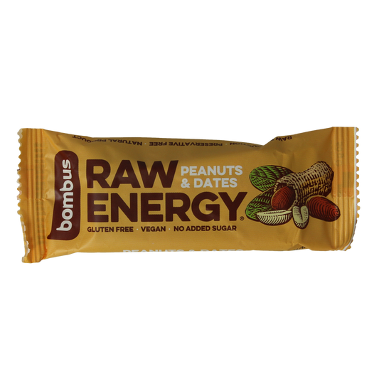 Bombus Raw Energy Bar with peanut and dates, 50g, showcasing the nutty and fruity ingredients in a natural energy snack.