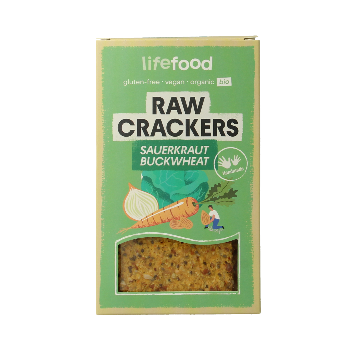 Lifefood Life crackers zuurkool boekweit raw bio in a clear package, showing crispy, square raw crackers with a textured surface.