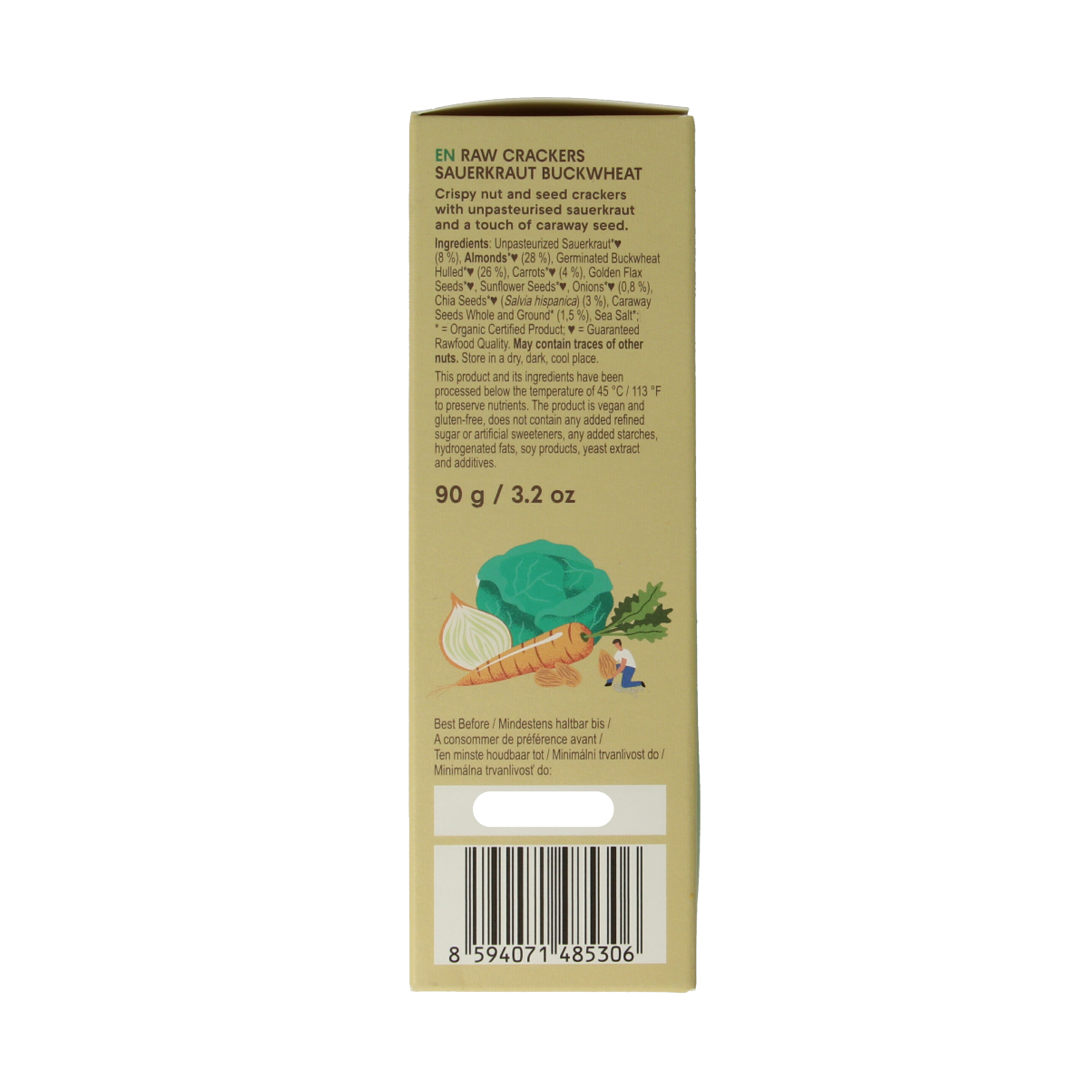 Raw bio Lifefood Life crackers with sauerkraut and buckwheat, 90g, featuring a crispy, whole grain texture and natural ingredients.