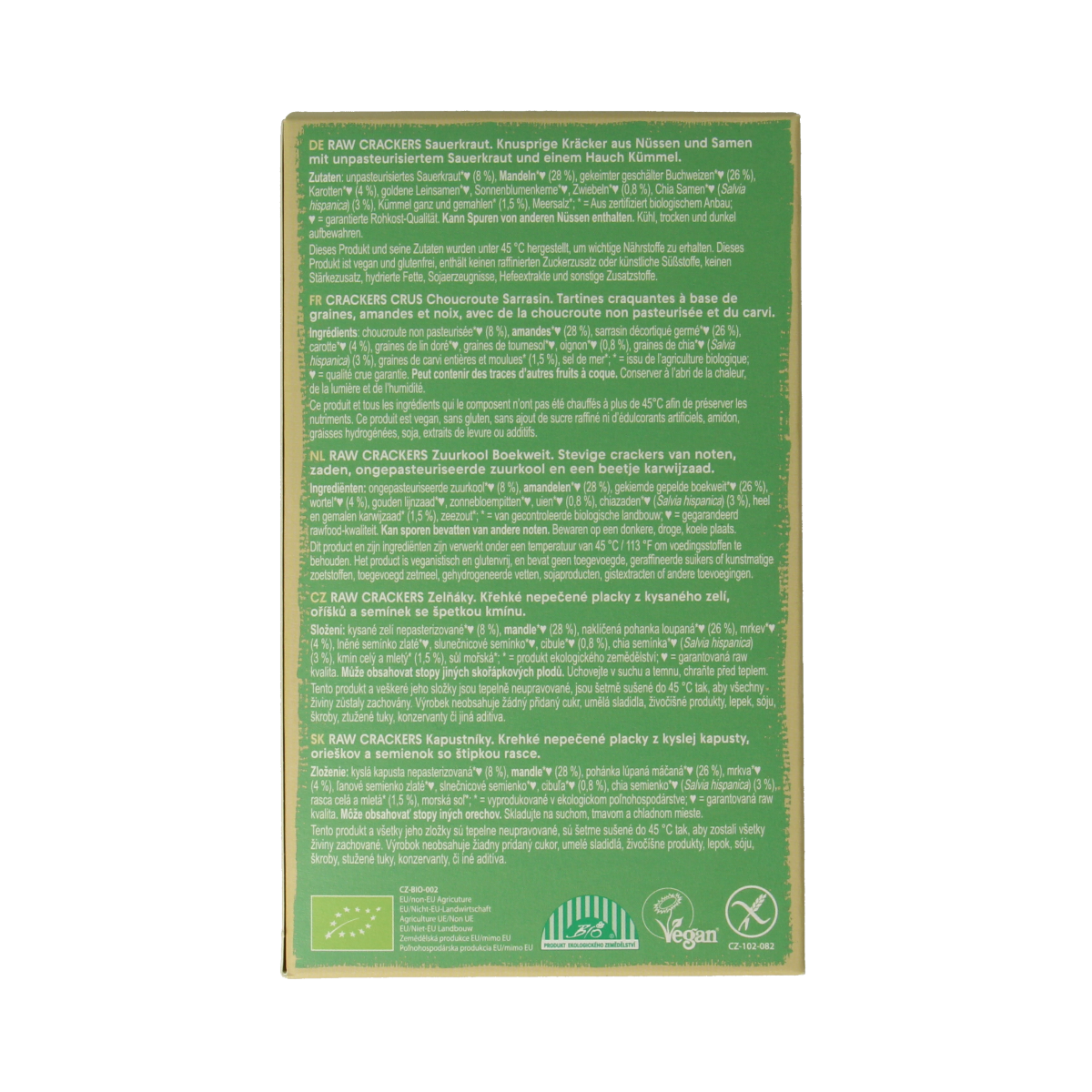 Raw organic Lifefood Life crackers with sauerkraut and buckwheat, shown in a 90g package.