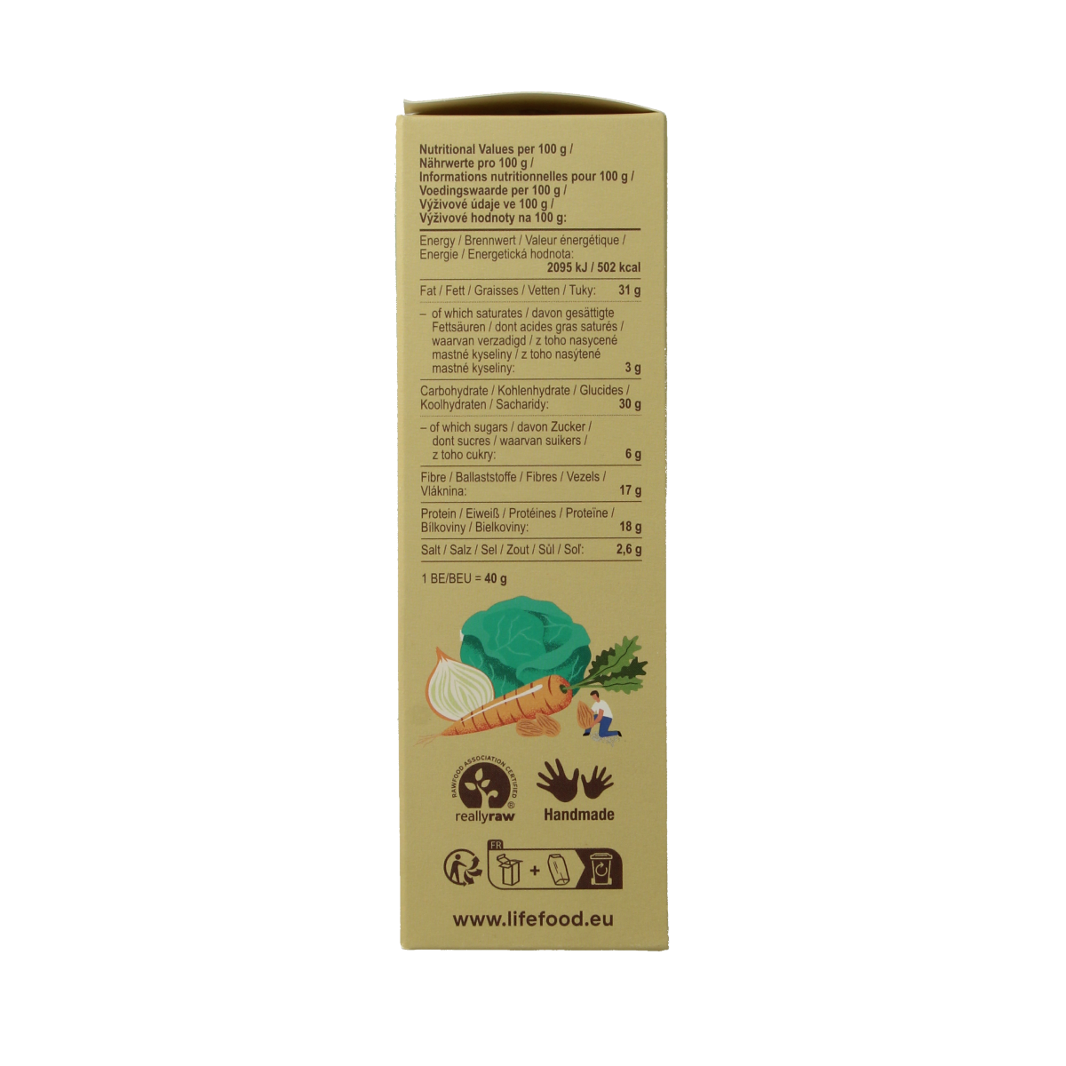 Raw bio Lifefood Life crackers with sauerkraut and buckwheat, 90g, showcasing the crispy, wholesome snack in a natural setting.