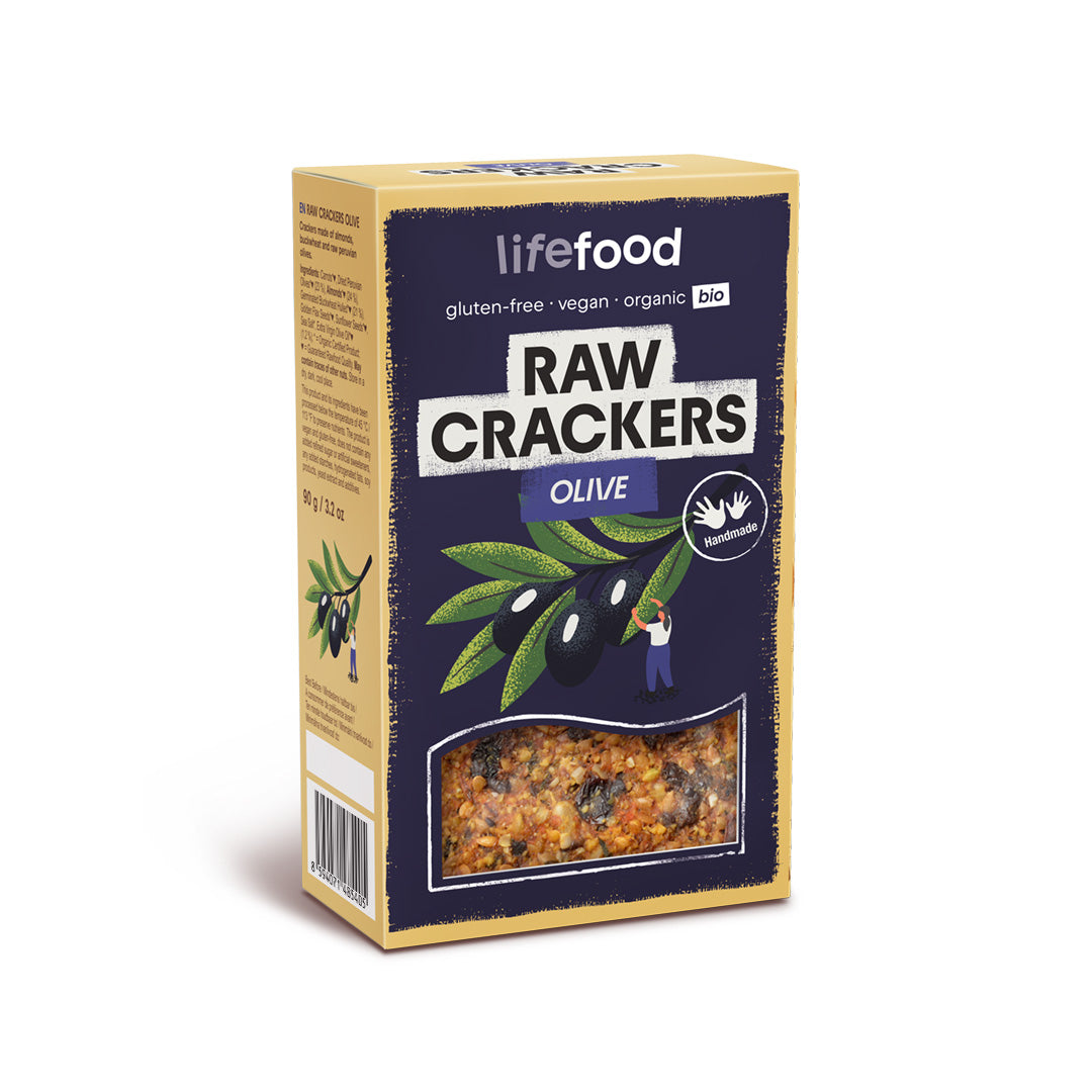 Raw organic olive crackers by Lifefood, 90g, showing golden-brown, crispy raw bread and cracker slices with olive pieces.
