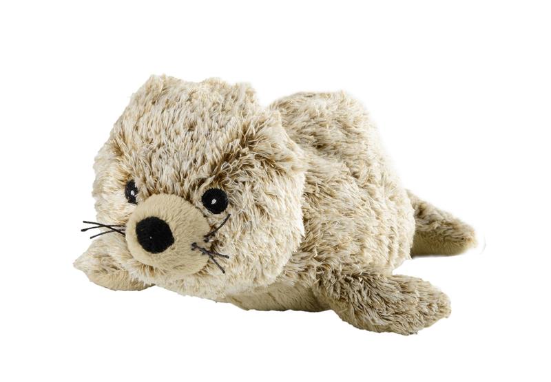 Warmies Mini zeehond kruik, soft plush heat pack in the shape of a seal, ideal for comforting warmth and relaxation.