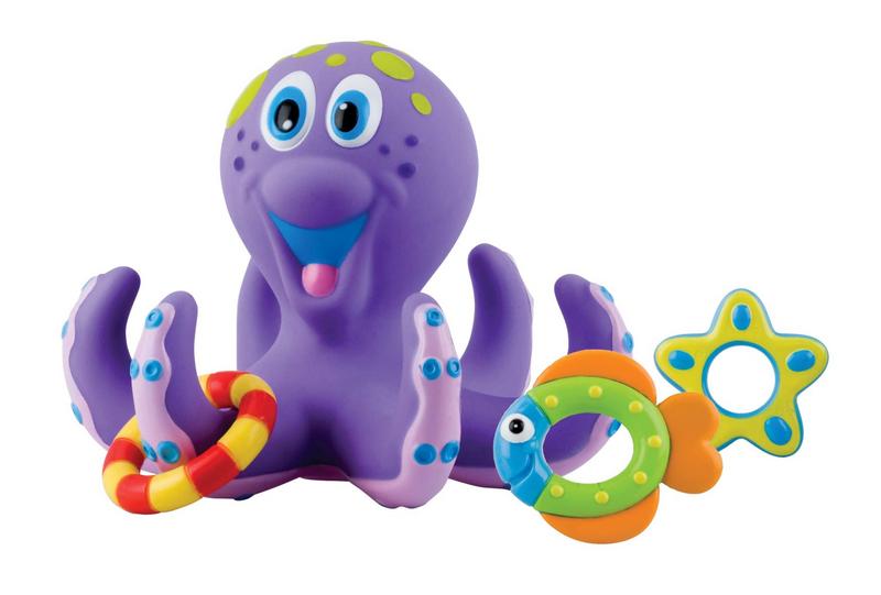 Nuby octopus bath toy in a playful design, made for children, featuring bright colors and soft, squeezable material.