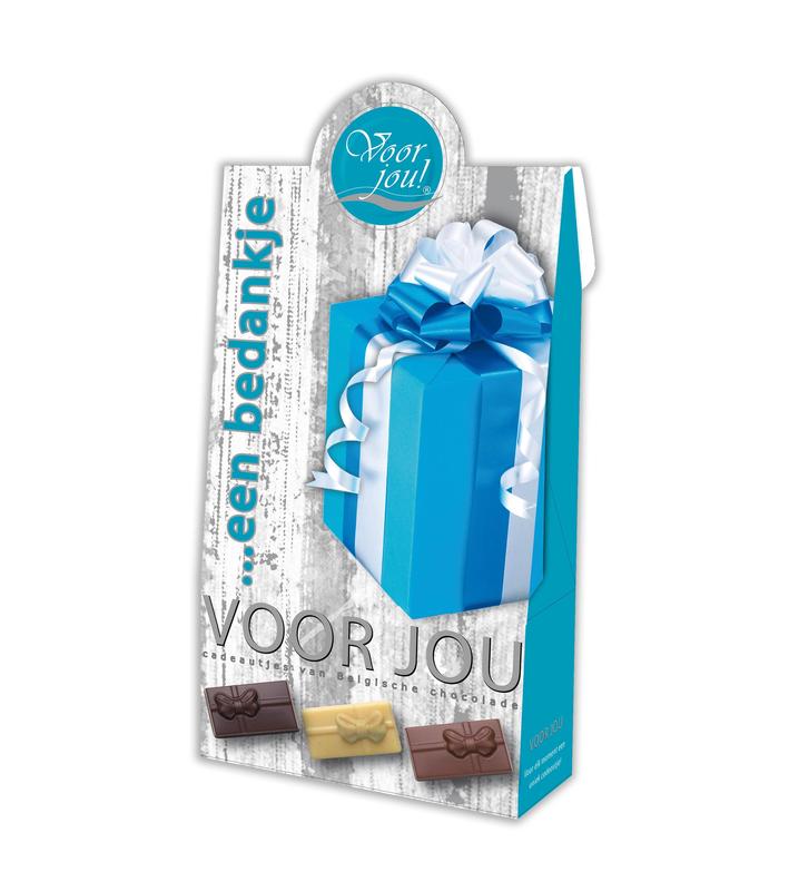 Voor Jou! Cadeau doos dank je wel chocolade in 100 gram gift box, featuring assorted chocolates with decorative packaging.