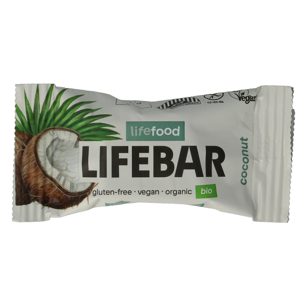 Raw coconut mini Lifebar by Lifefood, vegan superfood snack in 25g package, featuring natural ingredients and healthy energy.