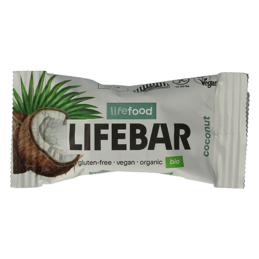 Raw coconut mini Lifebar by Lifefood, vegan superfood snack in 25g package, featuring natural ingredients and healthy energy.
