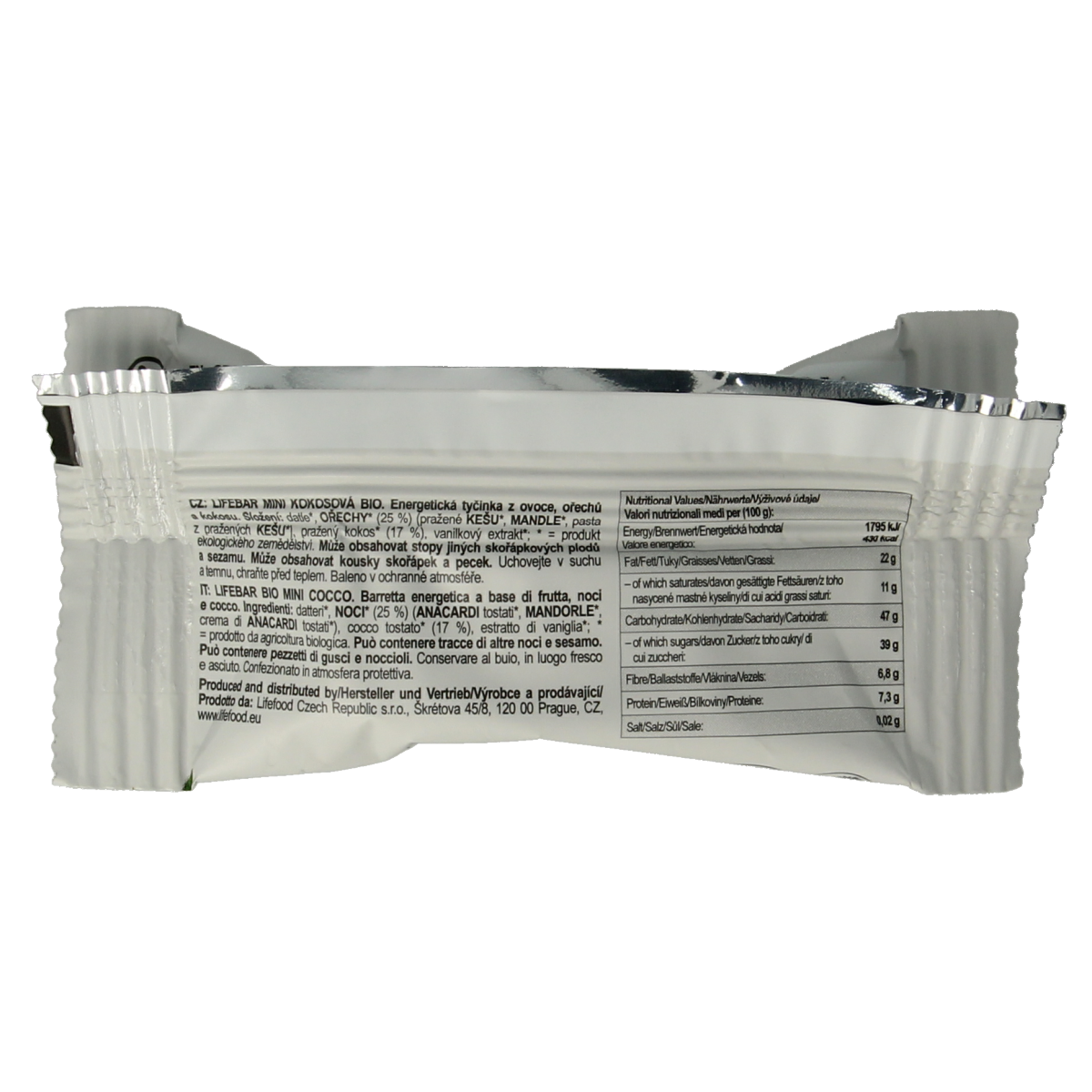 Raw coconut mini Lifebar by Lifefood, a 25g organic superfood snack with coconut flavor, shown in the image.