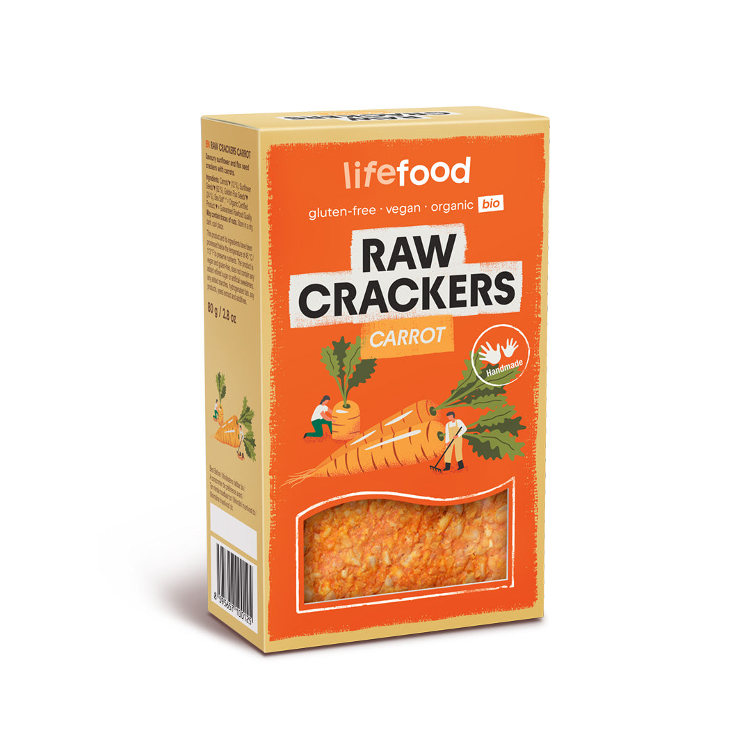 Lifefood bio carrot crackers, raw, gluten-free, 80g, natural whole food snack, crispy and healthy bread alternative.