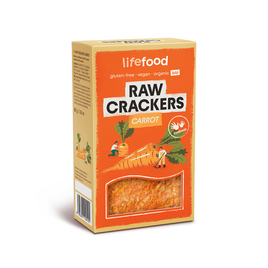 Lifefood bio carrot crackers, raw, gluten-free, 80g, natural whole food snack, crispy and healthy bread alternative.