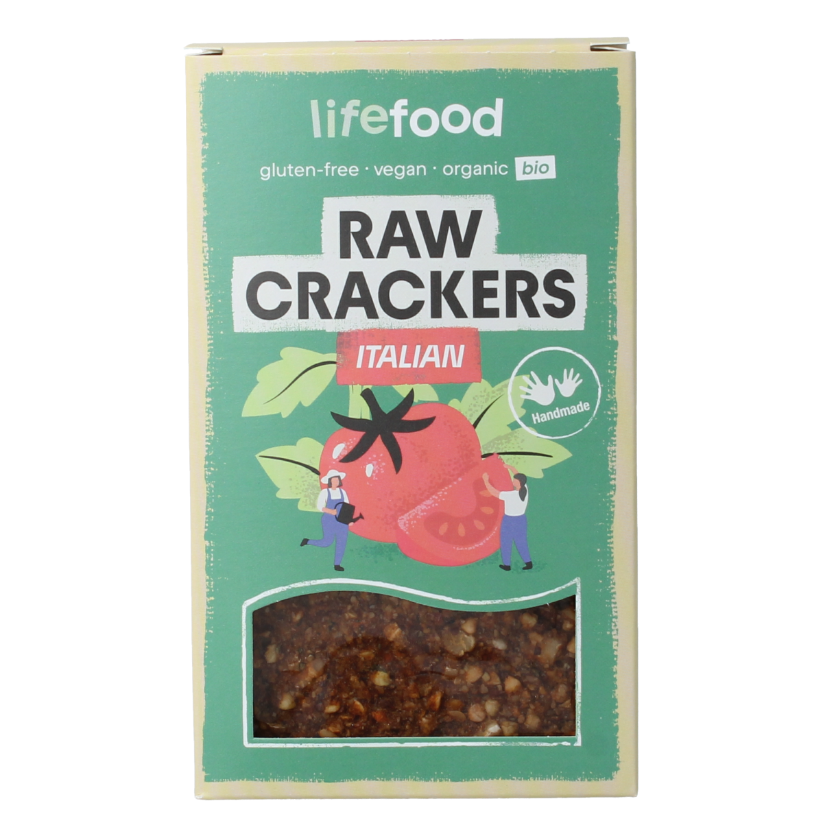 Lifefood Life crackers Italiaans raw organic bread with whole grains in a 90g package, shown in a clear image.