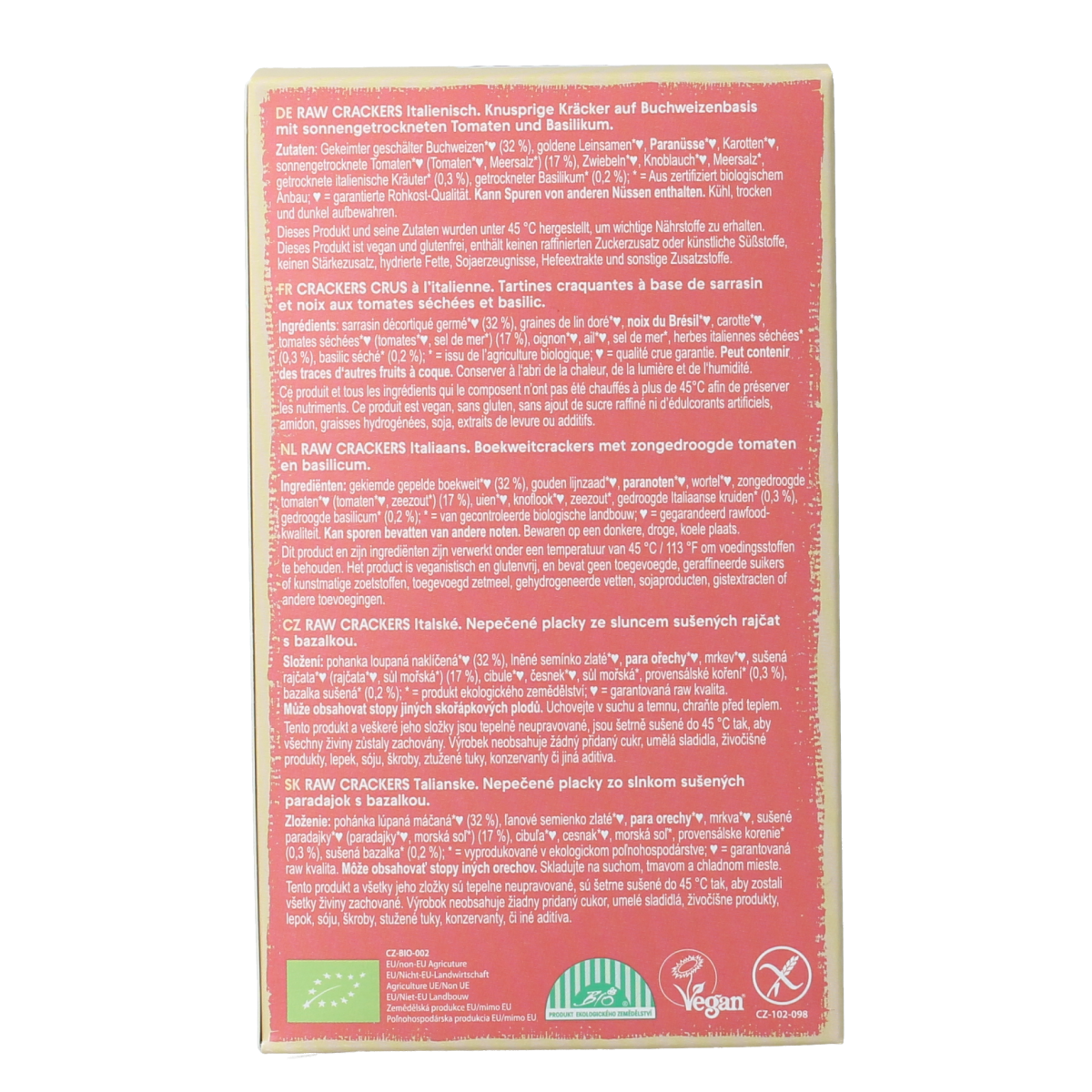 Raw bio Lifefood Italiaans crackers in 90g package, crispy whole grain bread slices with herbs and seeds.