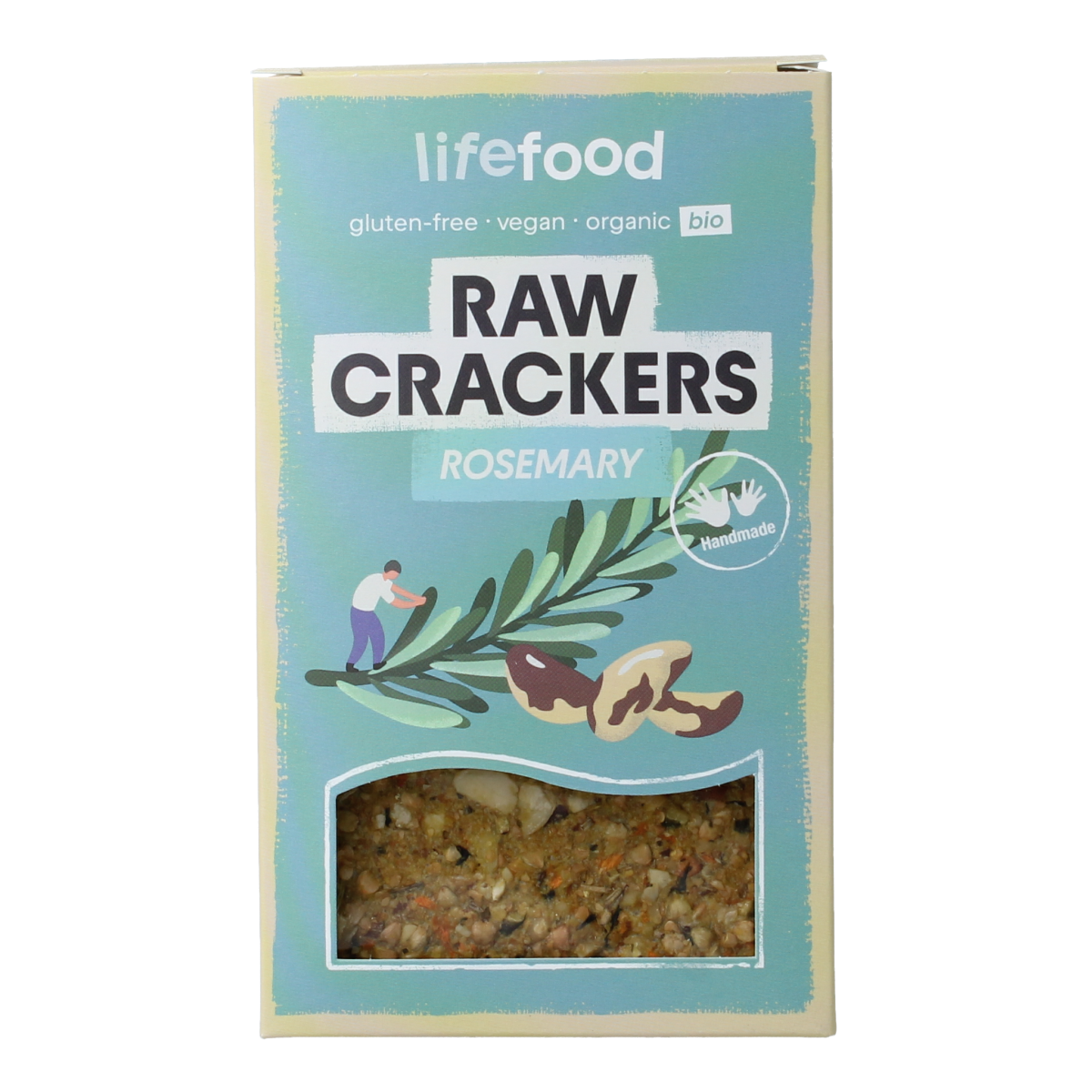 Raw organic rosemary crackers by Lifefood, 90g, showing a close-up of crispy, seasoned crackers in a natural setting.