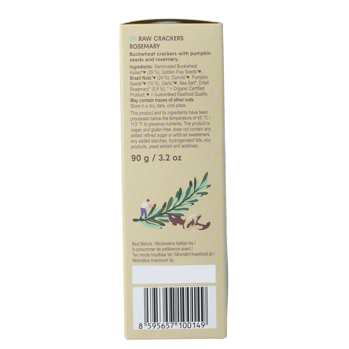 Raw organic Lifefood Life crackers with rosemary, 90g, showing the crispy crackers with visible rosemary herbs.