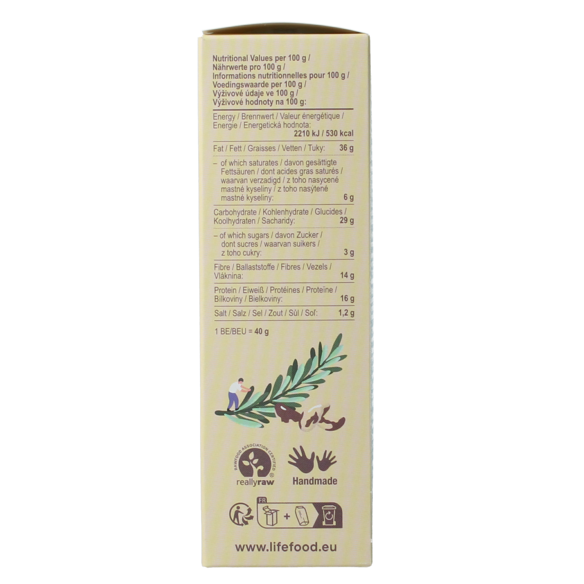Raw organic Lifefood Life crackers with rosemary, 90 grams, displayed on a neutral background.