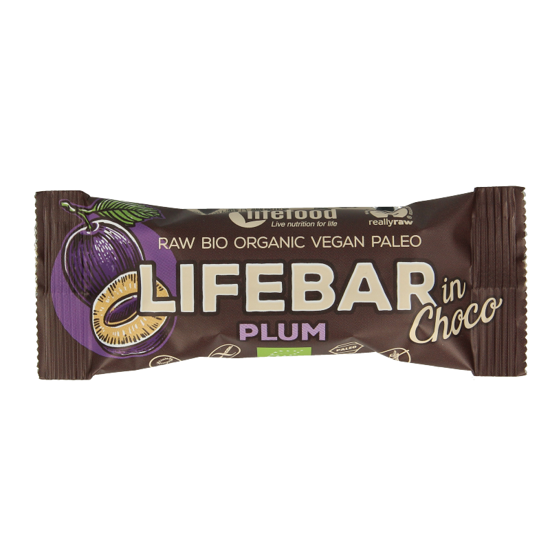 Lifefood Lifebar Inchoco pruimen bio raw snack bar with chocolate and dried plums, 40 grams, natural and healthy energy boost.