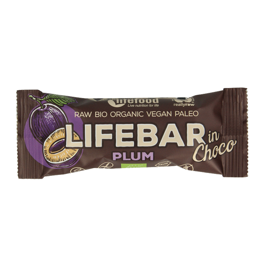 Lifefood Lifebar Inchoco pruimen bio raw snack bar with chocolate and dried plums, 40 grams, natural and healthy energy boost.
