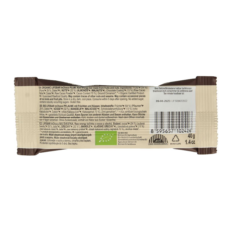 Organic Lifefood Lifebar Inchoco pruimen snack in 40g package, featuring raw chocolate and plum ingredients, natural and healthy.