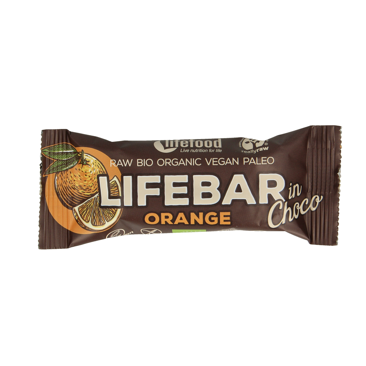 Lifefood Lifebar inchoco sinaasappel bio raw snack, 40g, showing orange-flavored raw chocolate bar with natural ingredients.