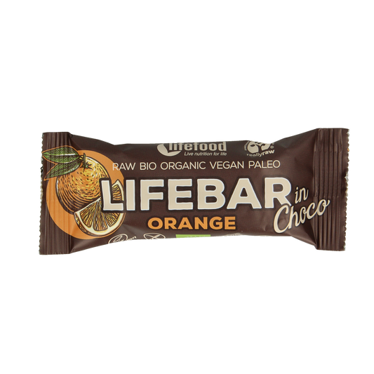 Lifefood Lifebar inchoco sinaasappel bio raw snack, 40g, showing orange-flavored raw chocolate bar with natural ingredients.