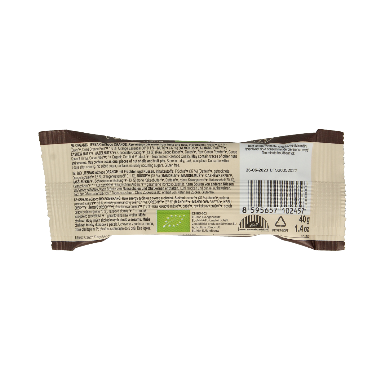 Lifefood Lifebar inchoco sinaasappel bio raw snack, orange and chocolate flavor, 40g, natural and healthy energy bar