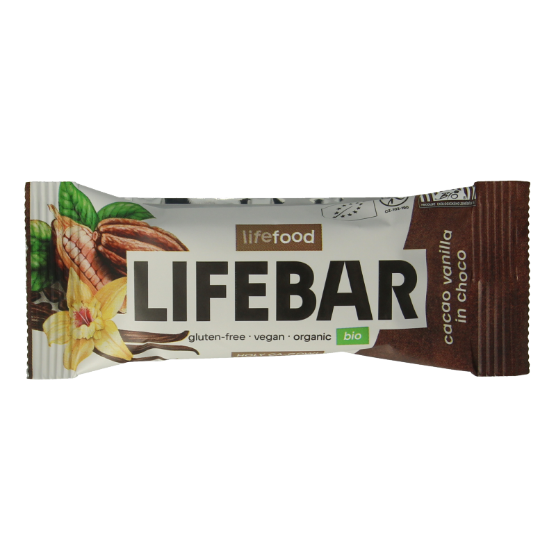 Lifefood Lifebar inchoco chocolade vanille raw bio snack, 40g, showcasing the chocolate and vanilla flavored raw organic bar.